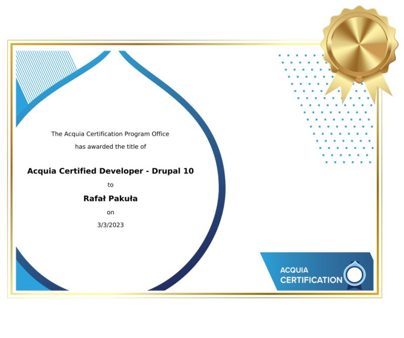 Certyfikat Acquia Certified Developer - Drupal 10 na pokładzie